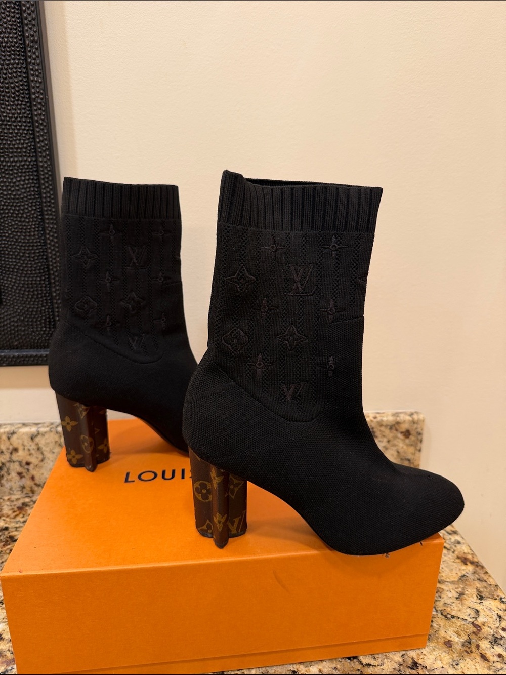 Louis Vuitton Black Knit Sock Boots with Monogram Block Heel